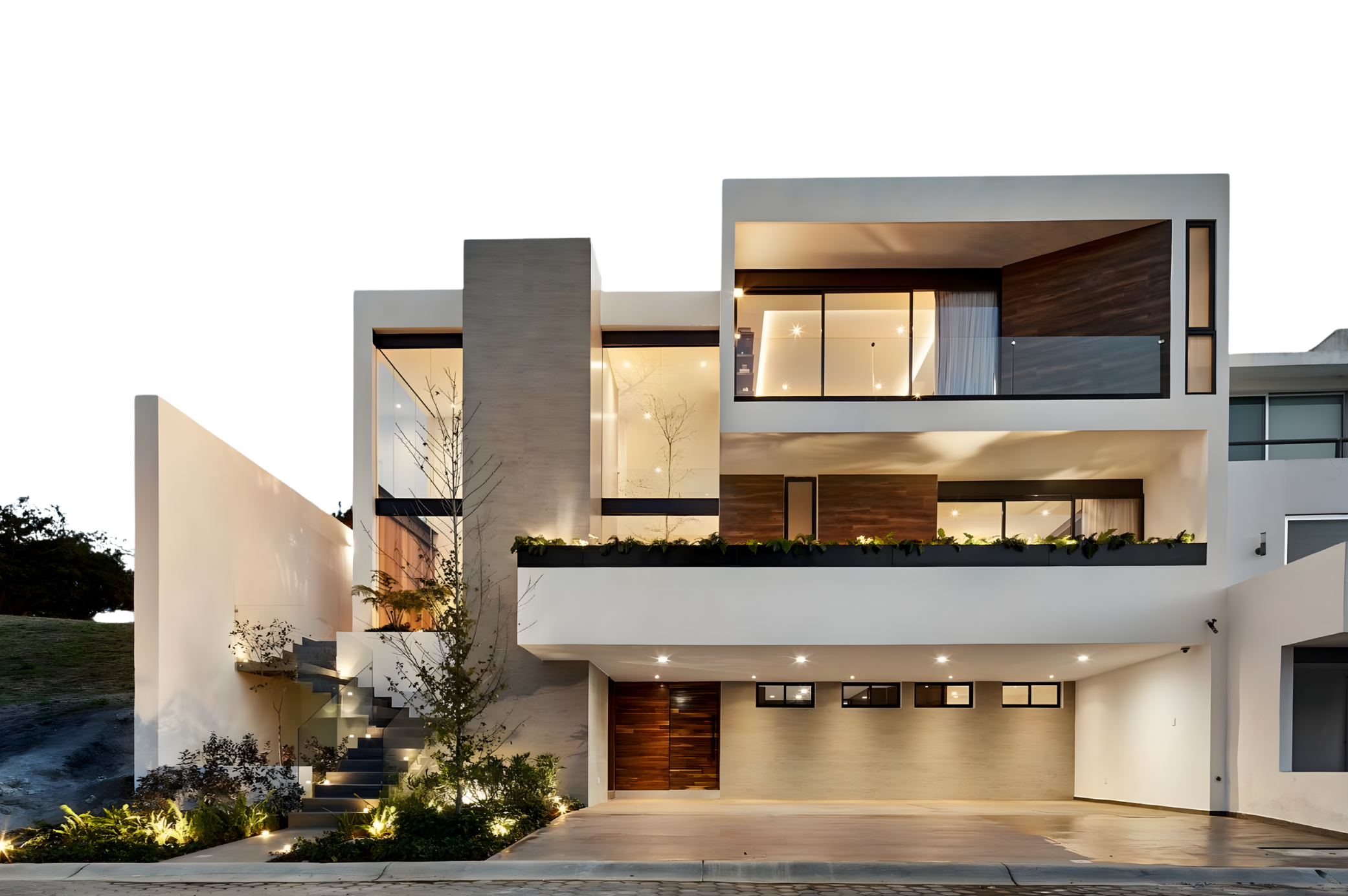 Vista frontal de una casa moderna en la noche, con iluminación exterior y grandes ventanales.