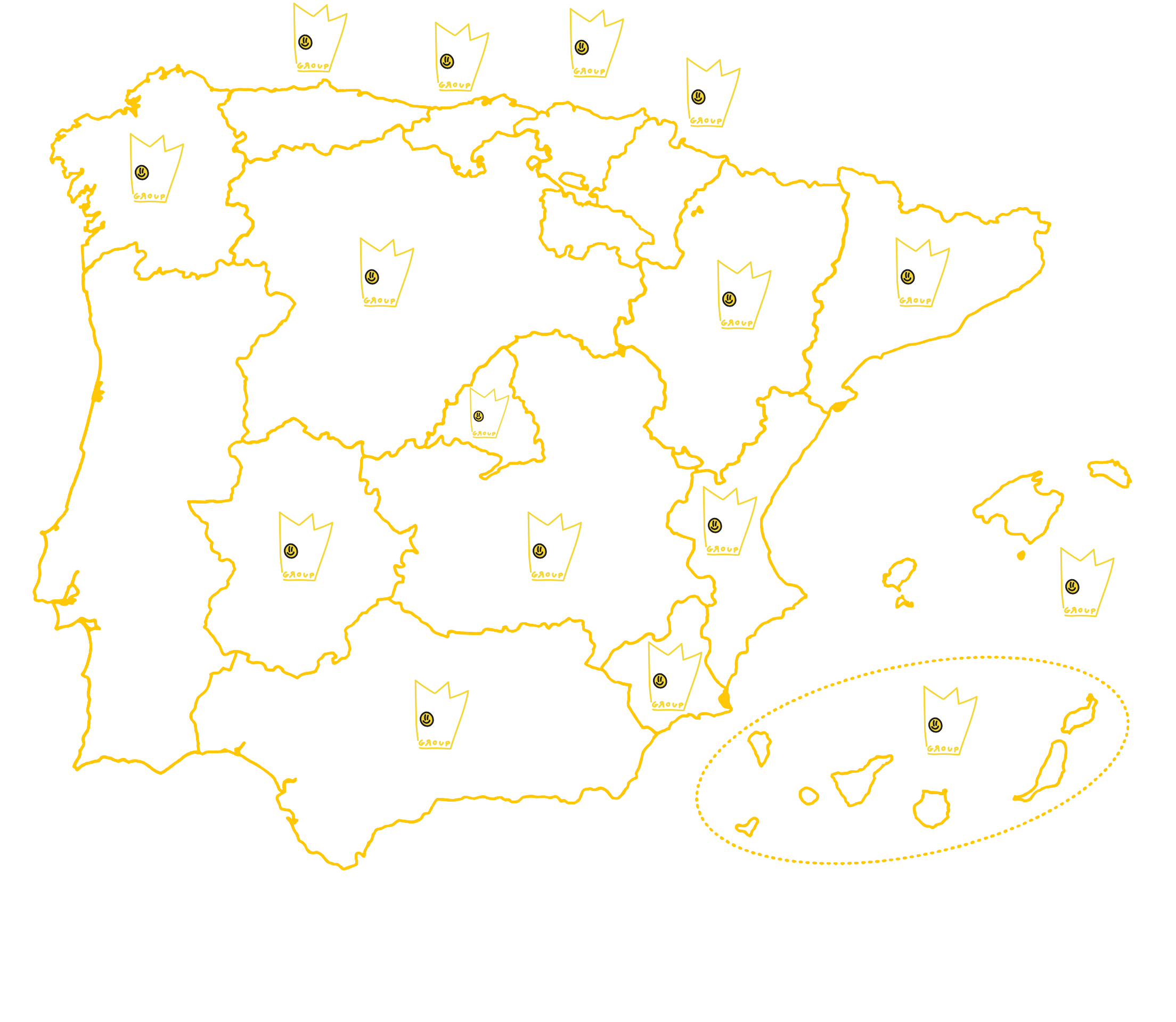 Mapa de España con logotipos de 'Kings of Fun' en diferentes regiones y en las islas Canarias.