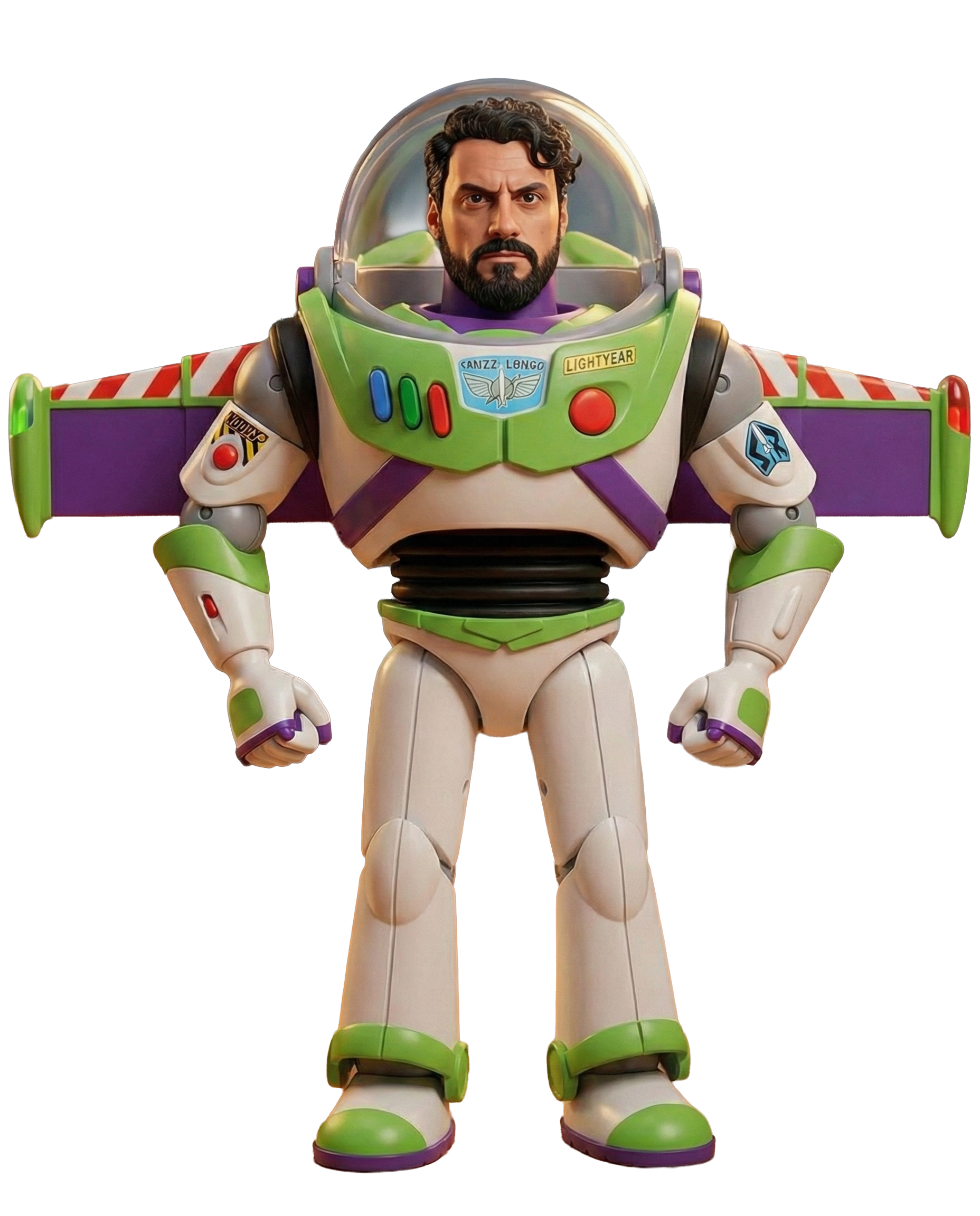 Personaje de juguete de Buzz Lightyear de Toy Story con rostro humano, pelo y barba, en traje espacial colorido con detalles verdes, morados y blancos.
