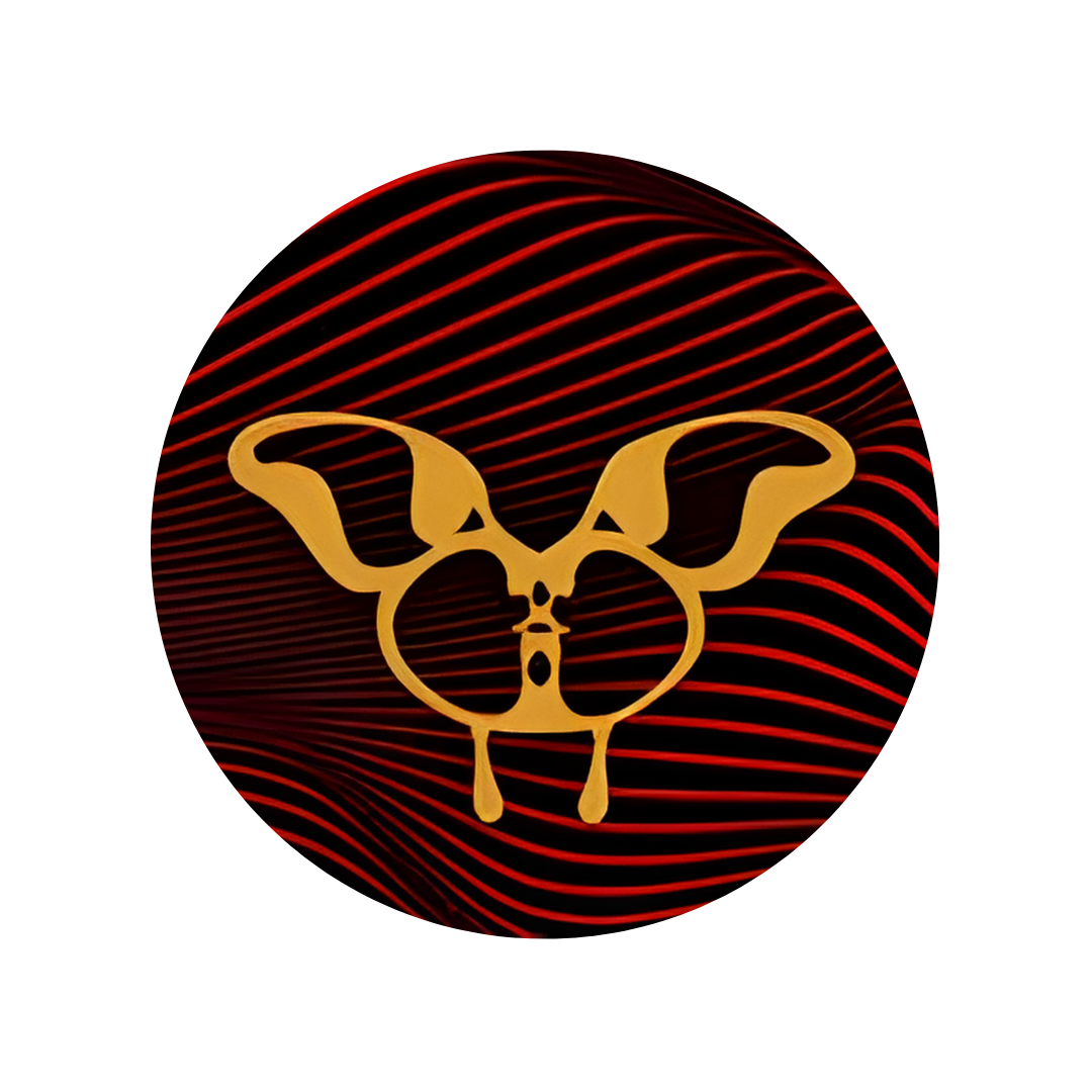 Un logo dorado de un insecto, que parece una mariquita, sobre un fondo negro con líneas rojas onduladas.