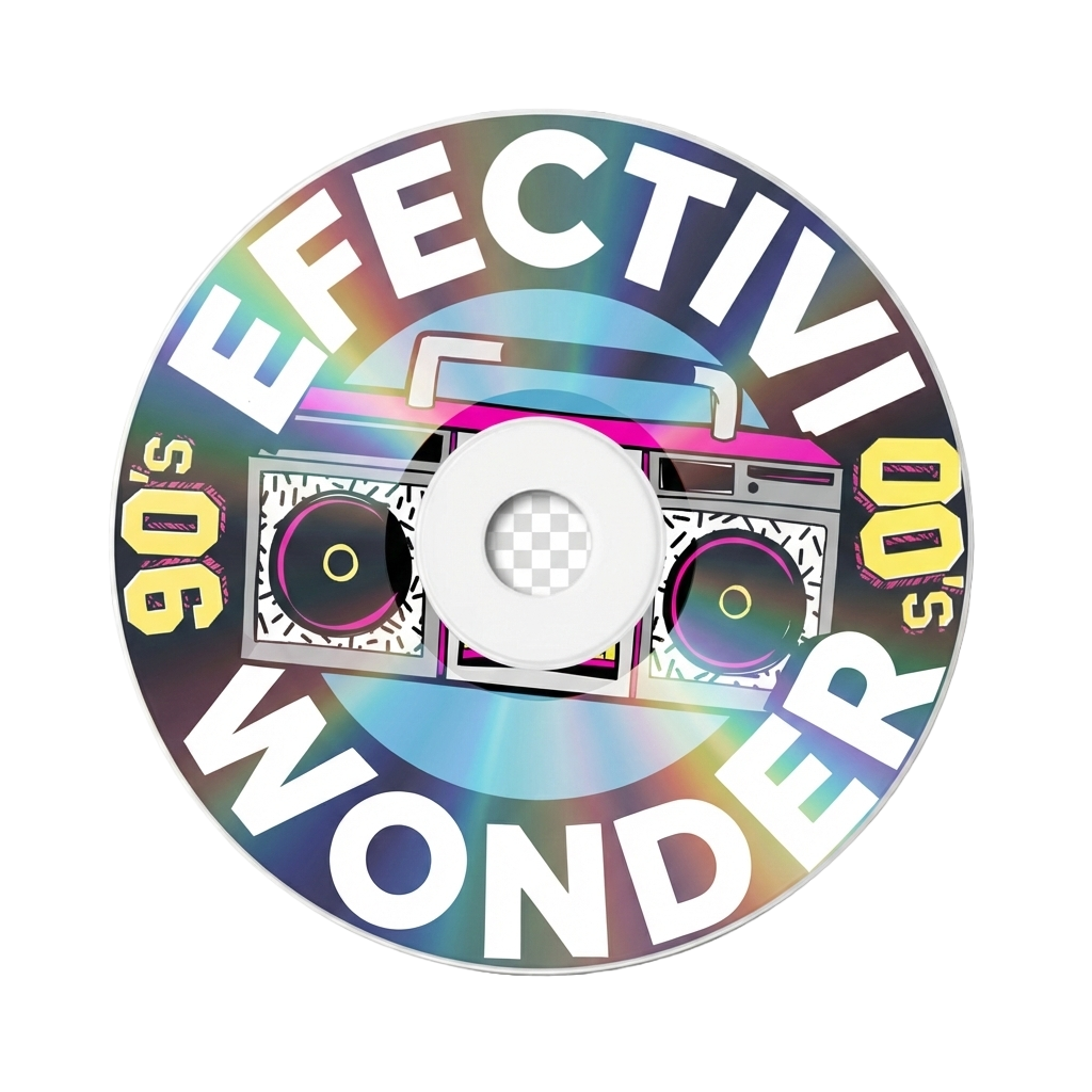 CD con texto en inglés que dice '60's Effectivo, Worder, 300' y una imagen de un tocadiscos antiguo en colores neón