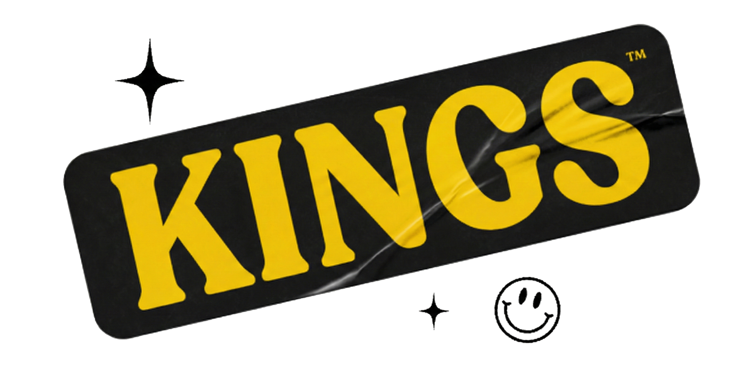 Imagen de una placa con la palabra 'KINGS' en letras grandes y amarillas, con un brillo y efectos de luz, acompañada de un dibujo de una carita sonriente y pequeños destellos de brillo.
