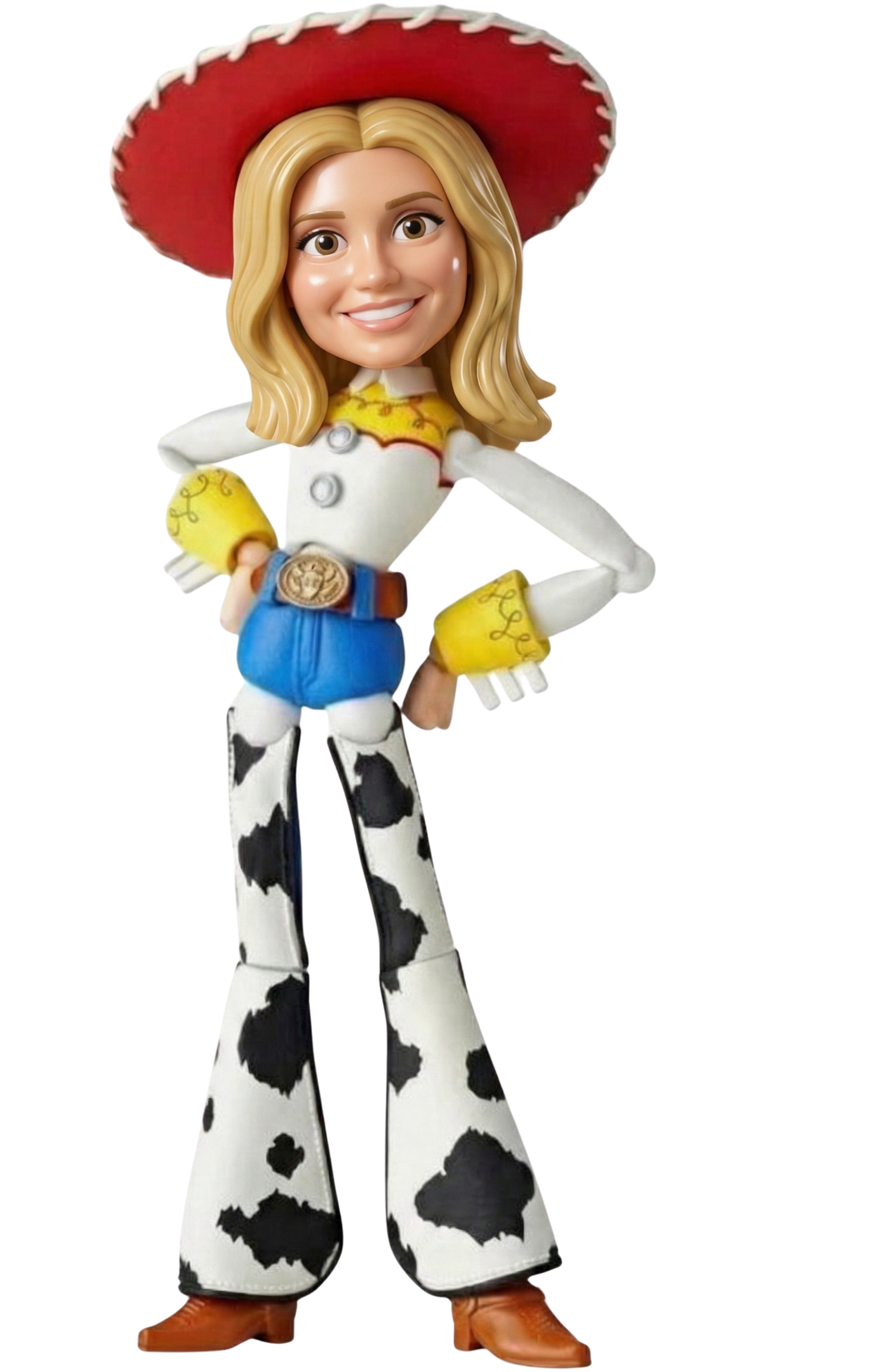 Figura de juguete de una vaquera con sombrero grande, ropa de estilo vaquero, botas color café y una figura facial con sonrisa.