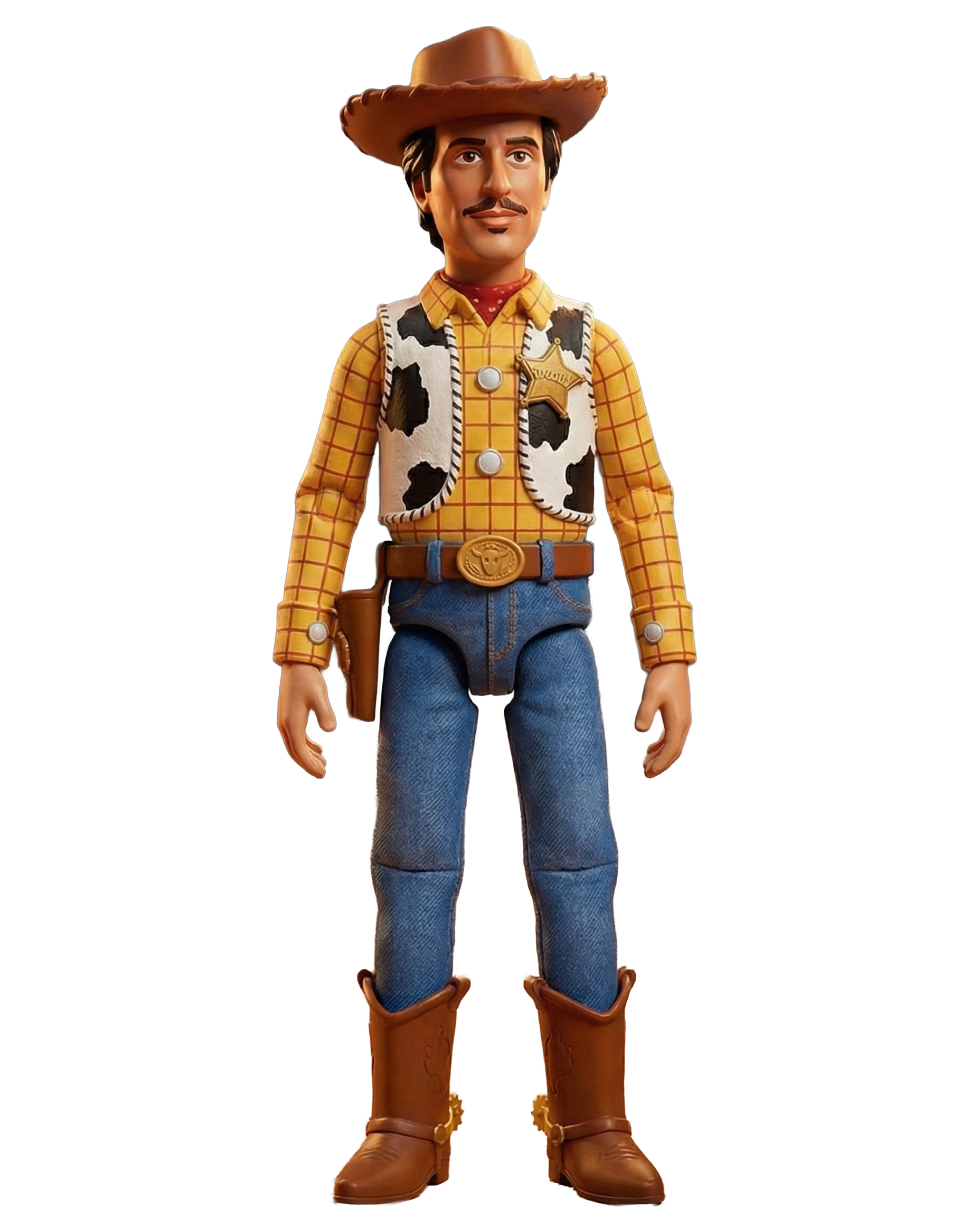 Figura de un vaquero con sombrero, camisa a cuadros, chaleco de vaca, cinturón con hebilla dorada, jeans y botas de cuero.