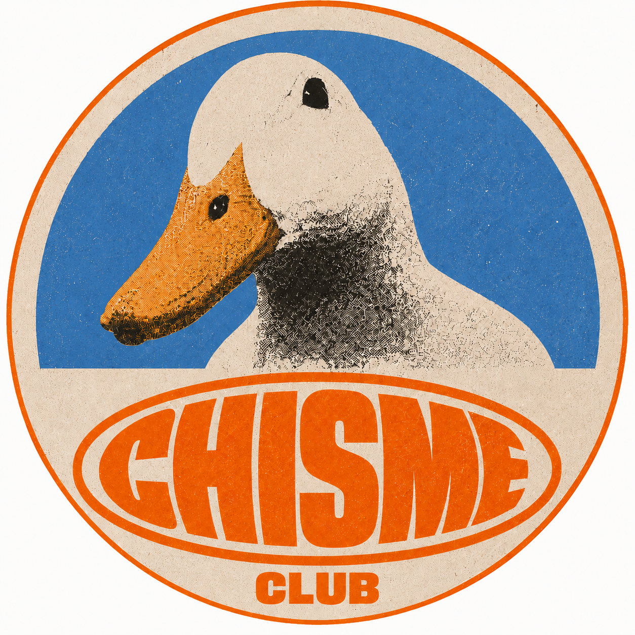 Logotipo de un club llamado 'Chisme', con una imagen de un pato con una máscara de hielo y un fondo azul.