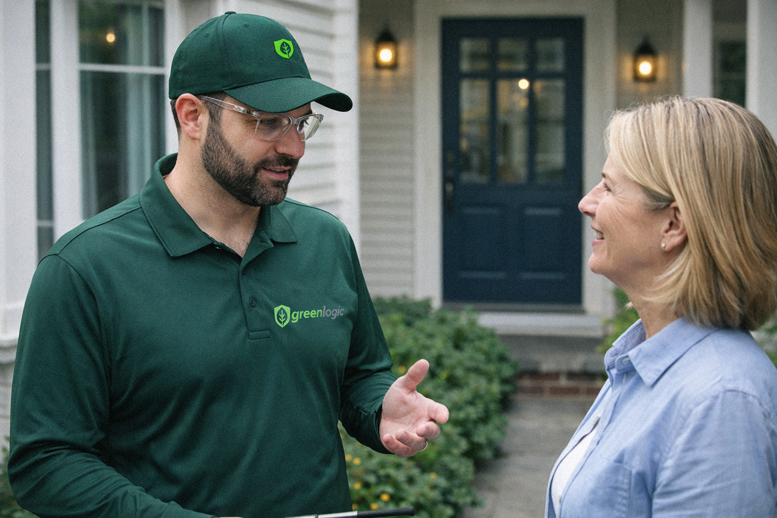 Greenlogic Service Pro Making Recommendations to Customer to Keep Ants and Spiders Away in Massachusetts