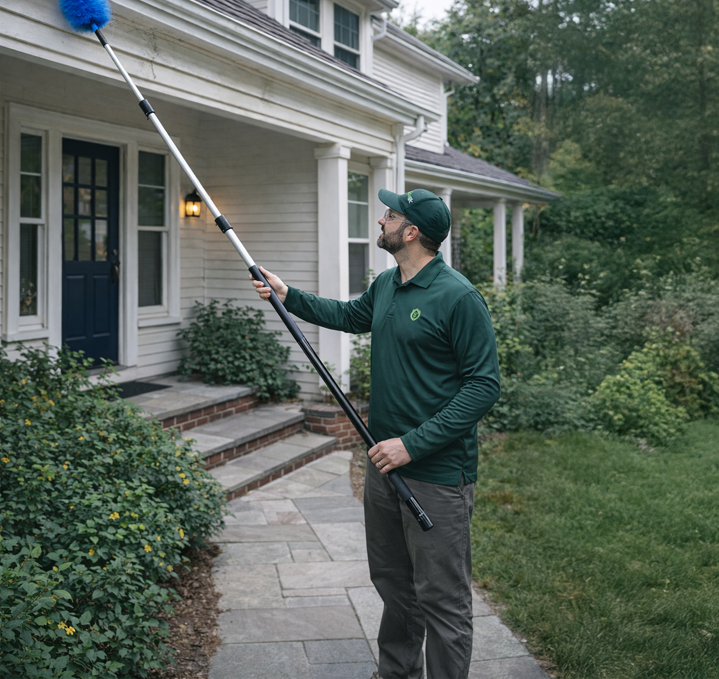 Greenlogic Service Pro removes cobwebs and nests from a customer's home in Massachusetts