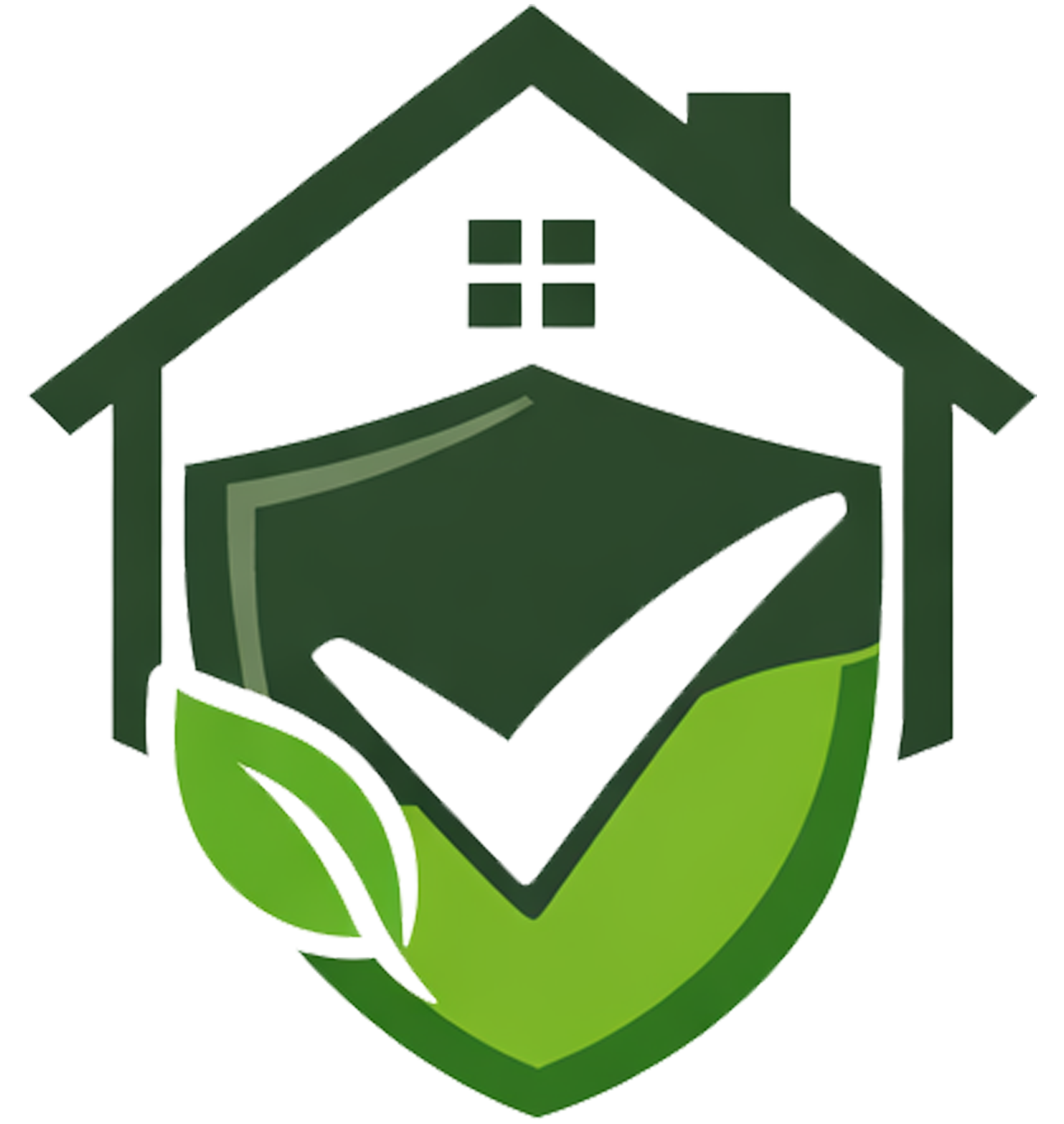 A logo featuring a house outline with a shield and a mobile device inside, surrounded by green leaves.