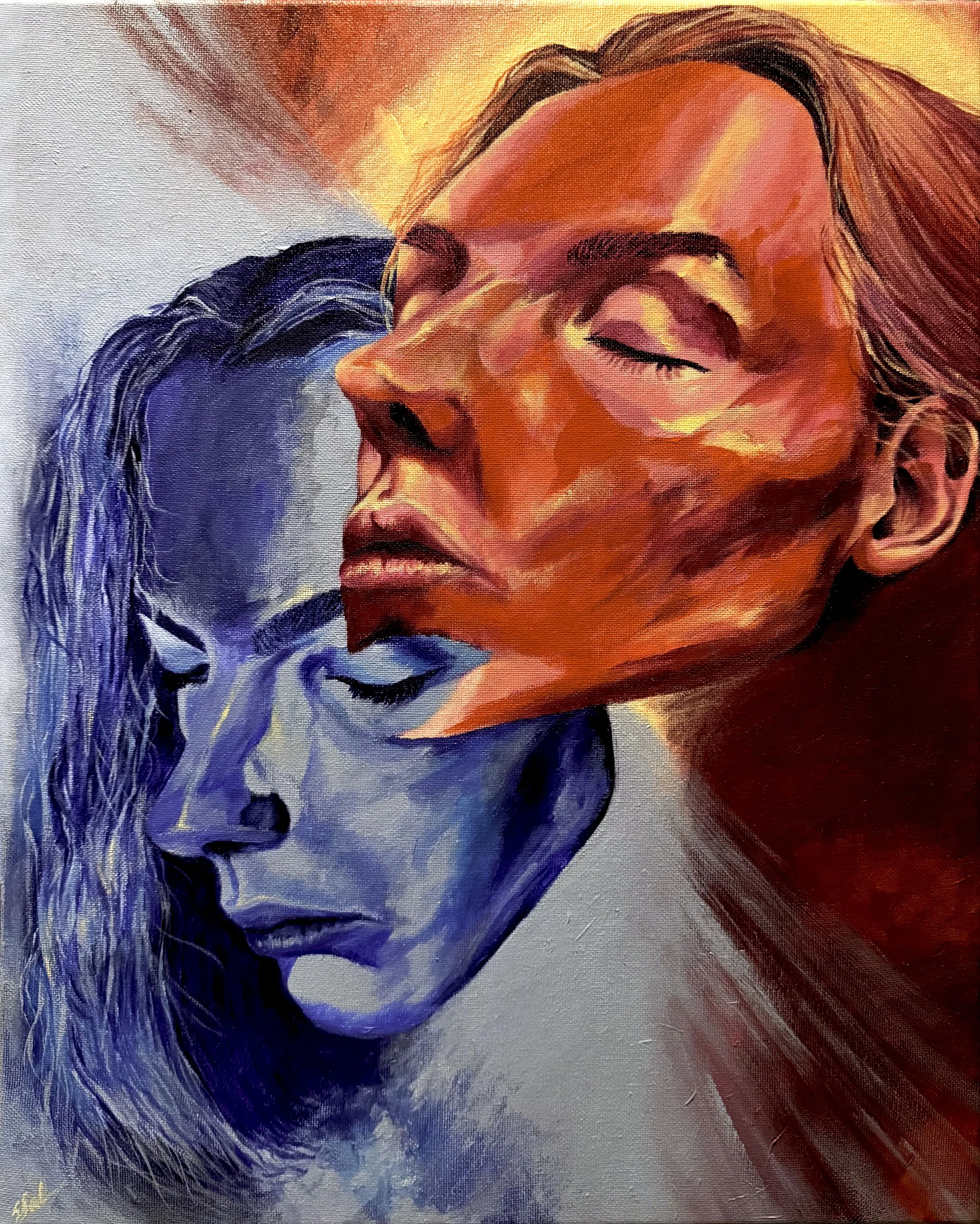 An expressionist painting of two women with their eyes closed, one with blue tones and the other with red tones, connected to each through different moments of the same emotion.