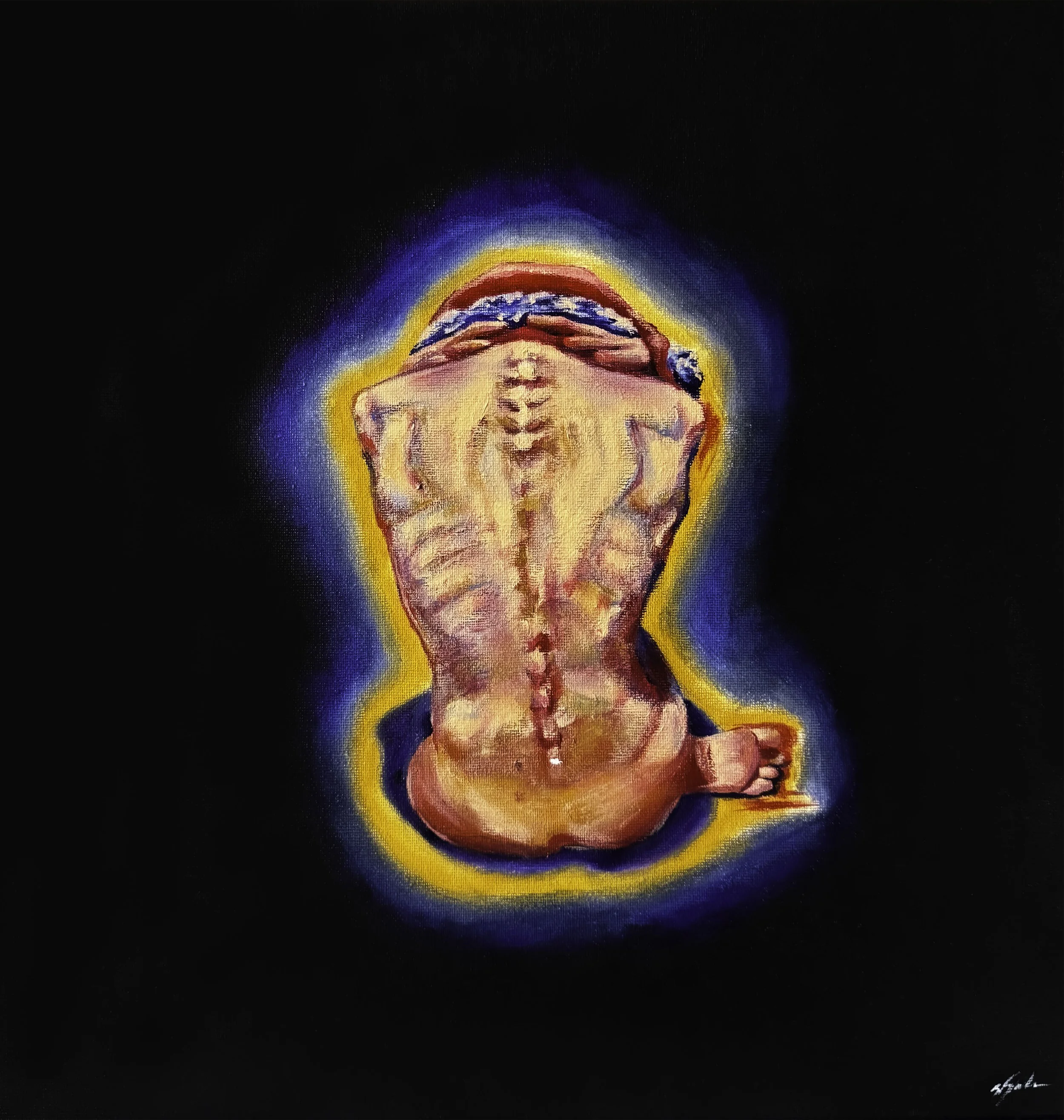 A detailed, colourful painting of a person kneeling with their back to the viewer, wearing a yellow, blue, and red glow outlining the figure against a black background. The detail in the pose reveals the intense emotions of a chapter of one's life.