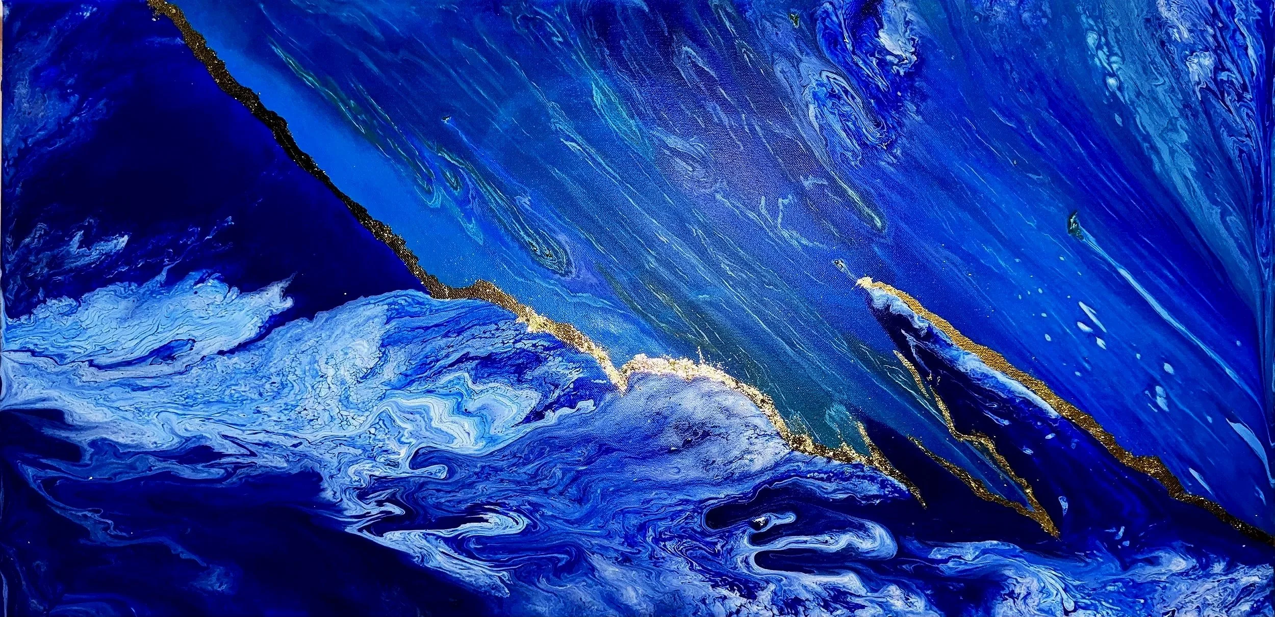 Abstract painting with vibrant blue, gold, and white flowing patterns resembling ocean waves or stormy sea.