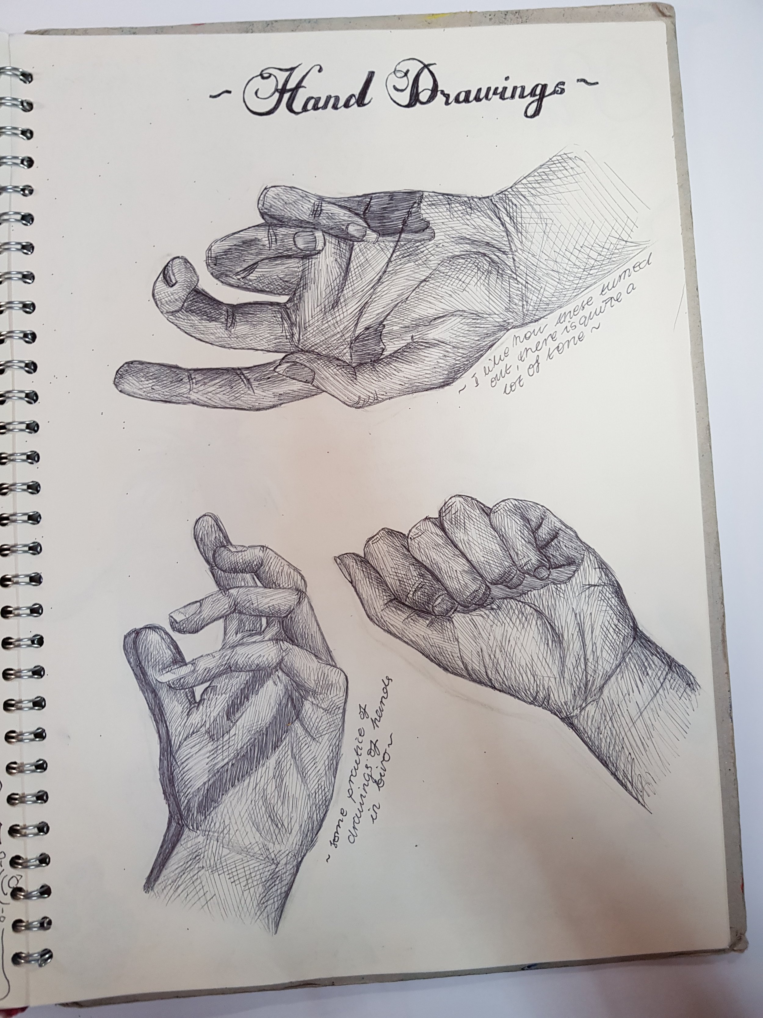 Sketches of three detailed hand drawings on a notebook page, titled 'Hand Drawings', with annotations about finger curling and hand positioning.