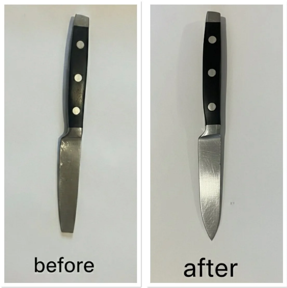 Comparison of a butter knife before and after cleaning, showing the knife with tarnished blade on the left and a shiny, cleaned blade on the right, both with black handles and silver rivets.