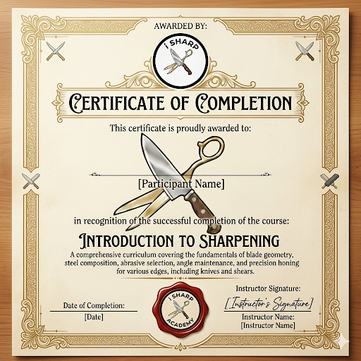 Certificate of completion awarded for a course on introduction to sharpening, featuring a knife and scissors graphic, with signature and date lines.