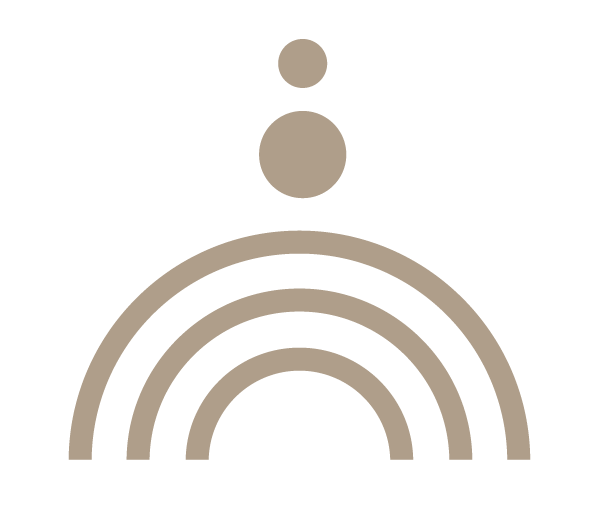 Minimalist graphic of a rainbow with three arcs and three circles above it, in beige color on a black background.