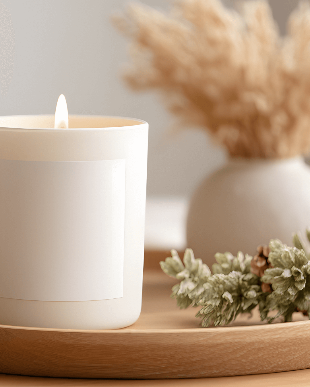 A lit white candle in a white holder, a white vase with dried pampas grass in the background, and a sprig of frosted greenery with pinecones on a wooden tray.