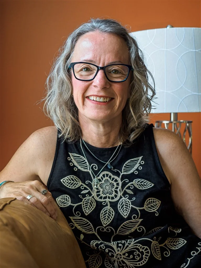 Psychic Development student, Cynthia J. wears glasses and a black sleeveless top with white floral embroidery, smiling while sitting on a brown couch in a room with an orange wall and a white lampshade in the background.