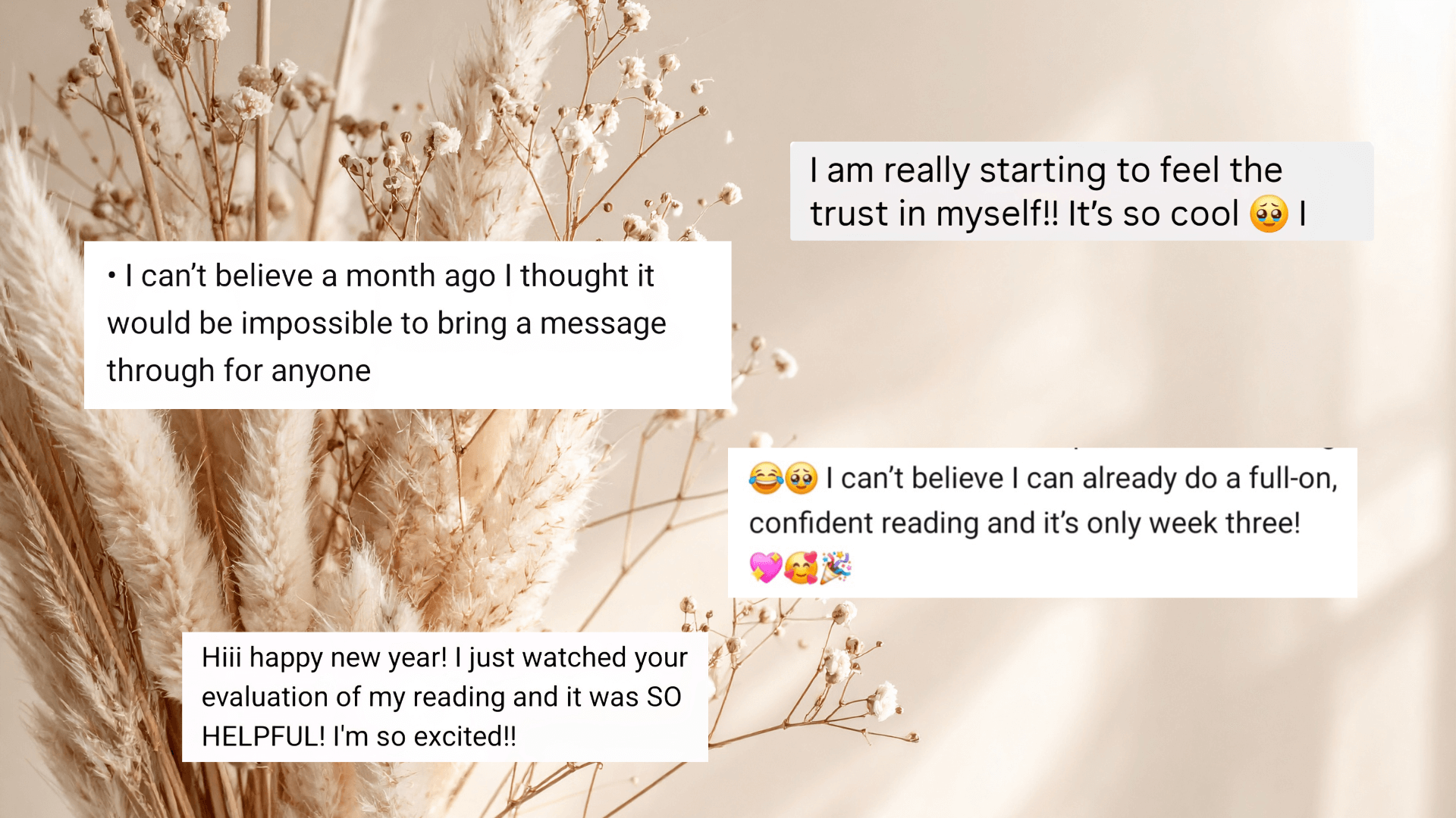 A collage of four short testimonials of The Conscious Psychic Certification Program, overlaying a neutral beige background with dried flowers such as pampas grass, baby's breath, and other dried florals.