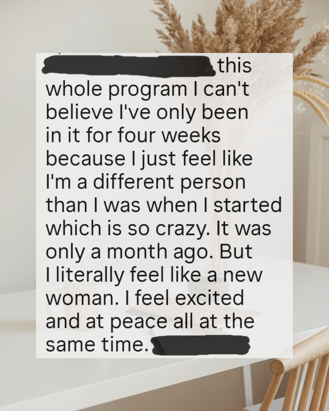 An image of a white table with dried pampas grass in the background, with a client review of The Conscious Psychic Certification Program.