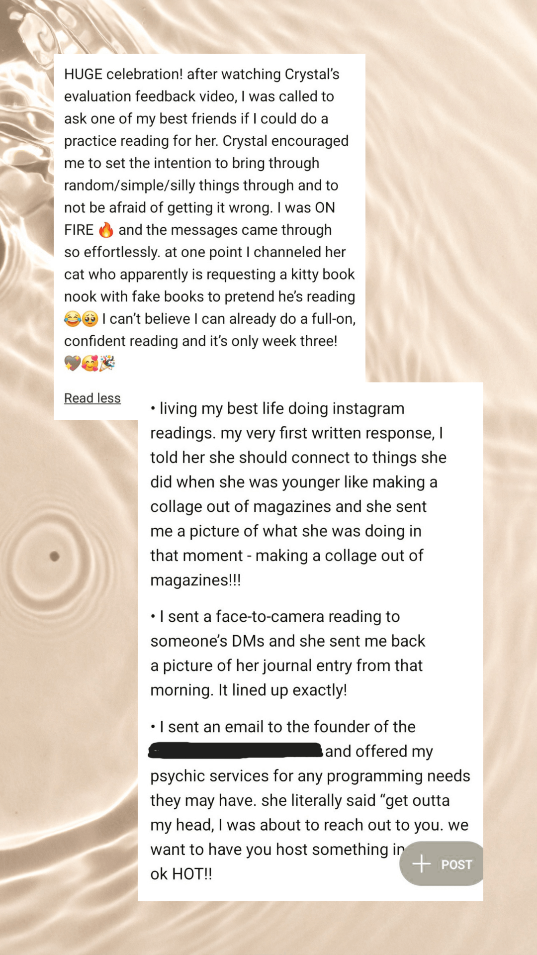 Screenshot of a student posts with a beige background and black text describing celebrating progress in reading confidence and sharing personal stories involving reading, creative activities, and communication with others.