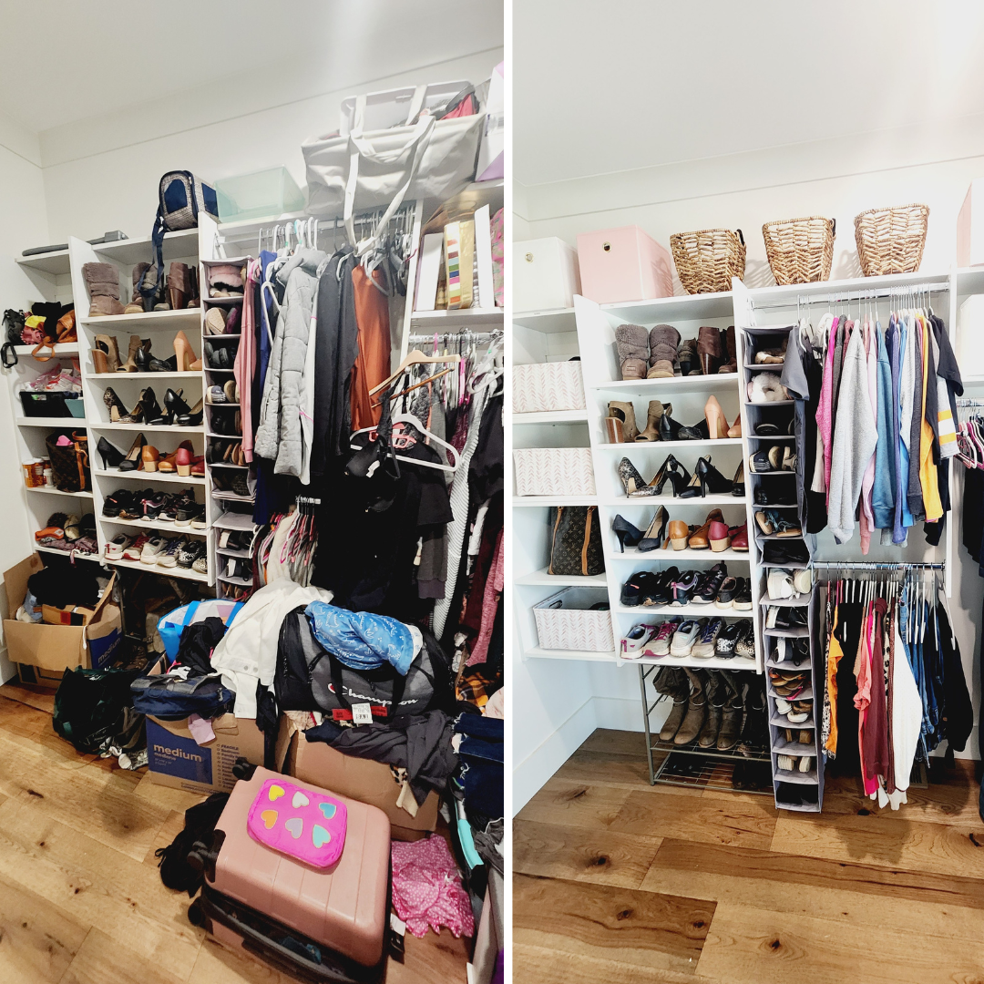Comparison of a cluttered closet on the left and an organized closet on the right, both containing shelves with shoes, clothing, and storage boxes.