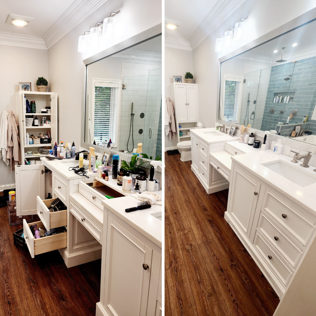 Before and after images of a bathroom renovation showing a cluttered vanity area on the left and a clean, organized vanity with a double sink on the right, with hardwood flooring and a walk-in shower.