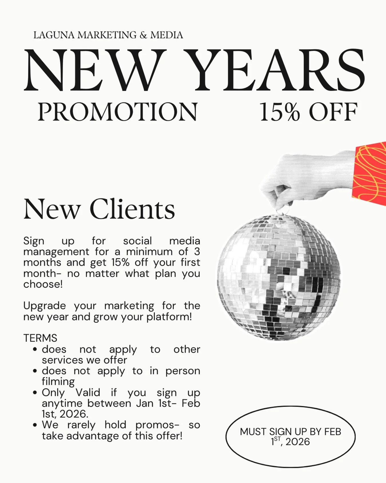 New year, new marketing strategy! DM us if you are interested in working together this new year 🪩🕺

Sign up for social media management for a minimum of 3 months and get 15% off your first month- no matter what plan you choose! 

Upgrade your marke