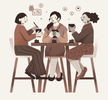 Three women sitting at a table, using smartphones, with icons of shopping, discounts, and money around them.