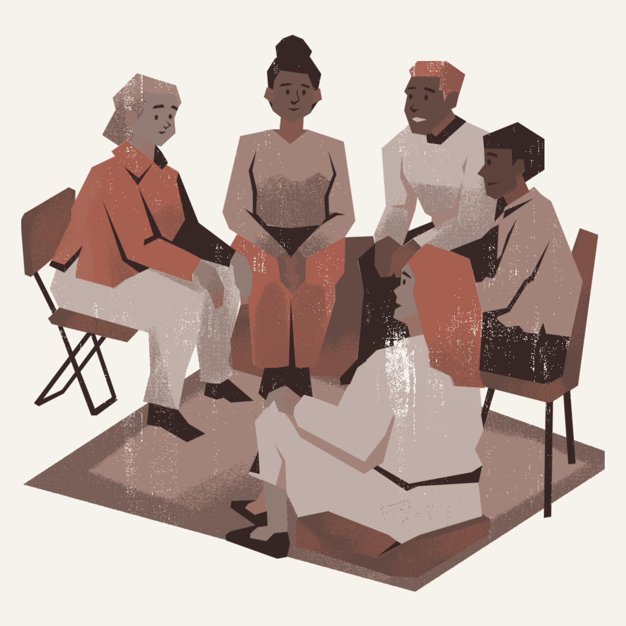 Illustration of six diverse people gathered in a circle, engaging in a discussion or meeting, with some seated on chairs and one on a cushion, in a minimalist art style.