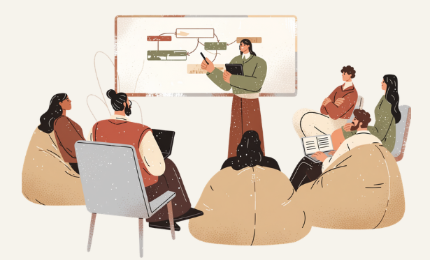 A woman teacher or presenter standing at a whiteboard, explaining flowchart diagrams to five diverse students seated on beanbags and chairs in a classroom or meeting setting.
