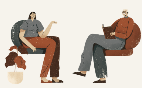 A young woman and an older man sitting on chairs, engaging in conversation; the woman is gesturing with her hand, the man is reading a book, both inside a room.
