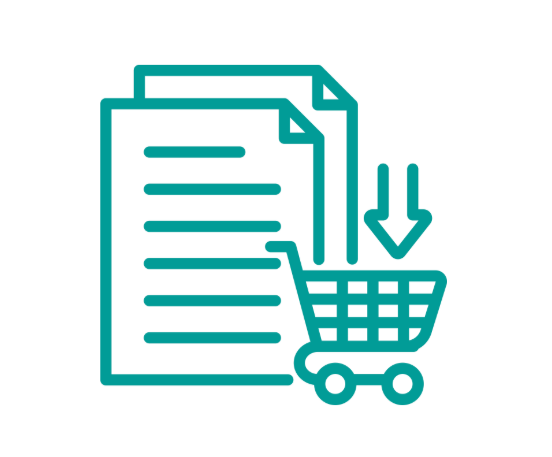Icon of two documents and a shopping cart with a downward arrow, representing online shopping or digital documents with purchase.