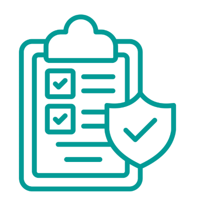 Icon of a clipboard with checkboxes and a shield with a checkmark, symbolizing security or protection.