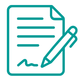 Icon of a document with lines of text and a signature at the bottom, along with a pen writing on it.