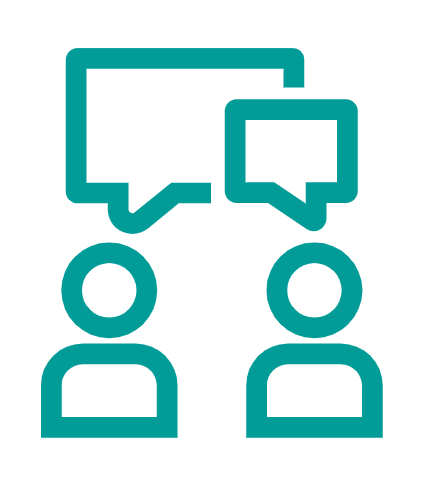 Icon of two people chatting with speech bubbles above their heads.