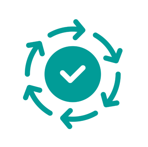 A circular badge with a check mark in the center, surrounded by arrows indicating a cycle or process.