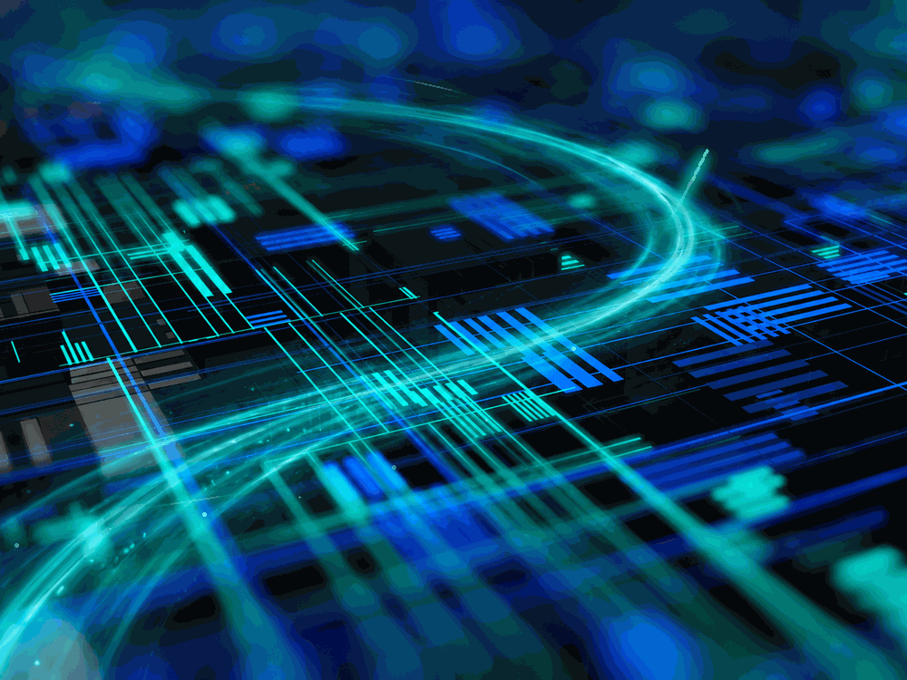 Futuristic digital interface with glowing blue and green data lines and graphs.