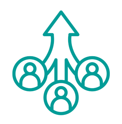 Icon representing connection or networking with an upward arrow and three user icons.