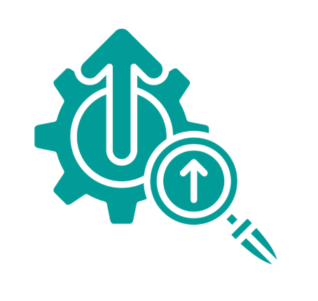 A gear icon with an upward arrow inside, accompanied by a magnifying glass with an upward arrow, symbolizing settings, upgrades, or growth.