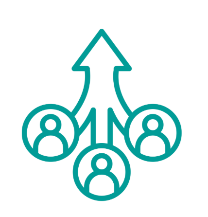 Diagram of three people connected to an upward arrow, representing team growth or collaboration.