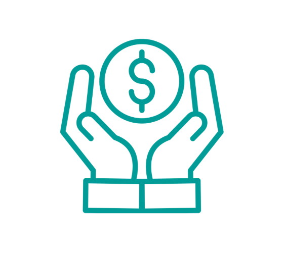 Outline icon of two hands holding a dollar coin.