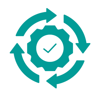Cycle of continuous improvement with gears and arrows surrounding a checkmark