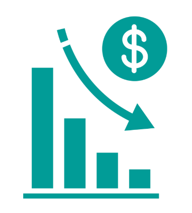 A declining bar graph with an arrow pointing downward and a dollar sign, indicating decreasing financial or economic value.
