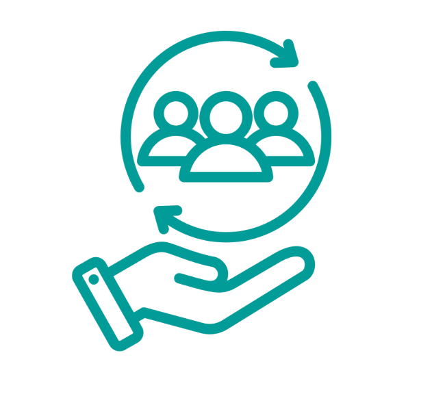 Outline of a hand holding a circle with three people and arrows indicating a cycle or process.