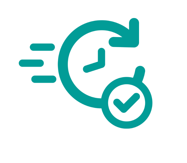 Icon of a clock with motion lines and a checkmark, representing timely or scheduled approval.