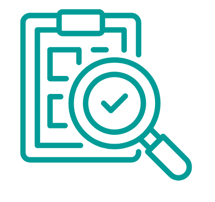 A clipboard with a magnifying glass over it, containing a checkmark.