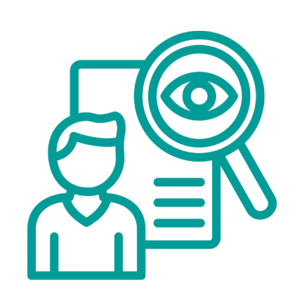 Icon of a person with a document, magnifying glass with an eye symbol, representing surveillance or investigation.