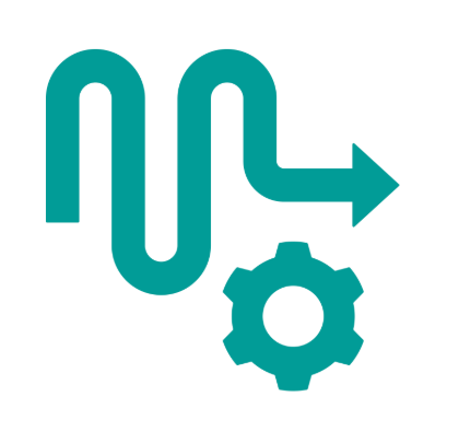 A teal icon of a curved arrow forming a loop with a gear, symbolizing process automation or settings.