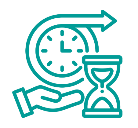 Clock with an arrow, hand holding an hourglass, and a moving arrow indicating time.