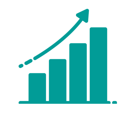 A teal bar chart with four increasing vertical bars and a curved upward arrow.
